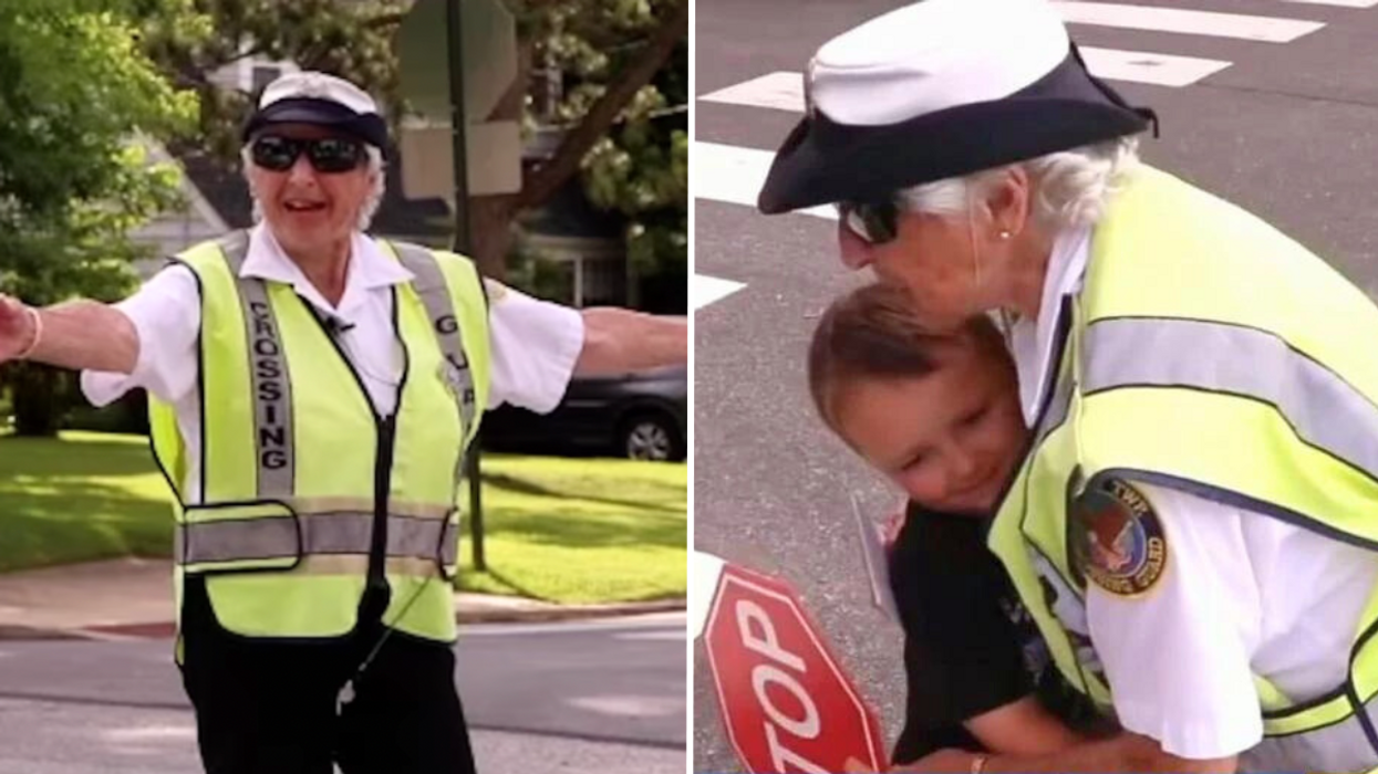 89-year-old crossing guard and an elderly crossing guard hugging a little kid.