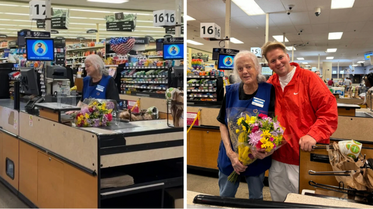Elderly kroger cashier and an elderly cashier holding a bouquet of flowers standing next to a man.