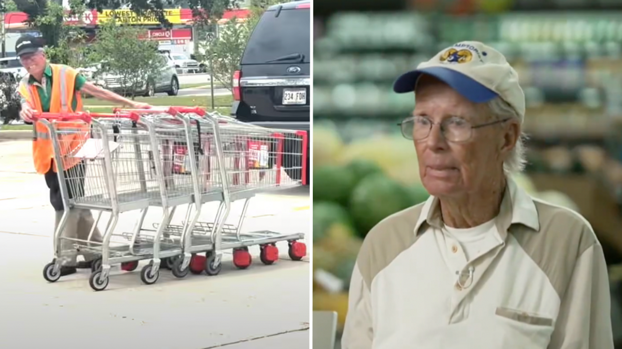 Elderly man pushing carts and an elderly man wearing a cap and glasses.