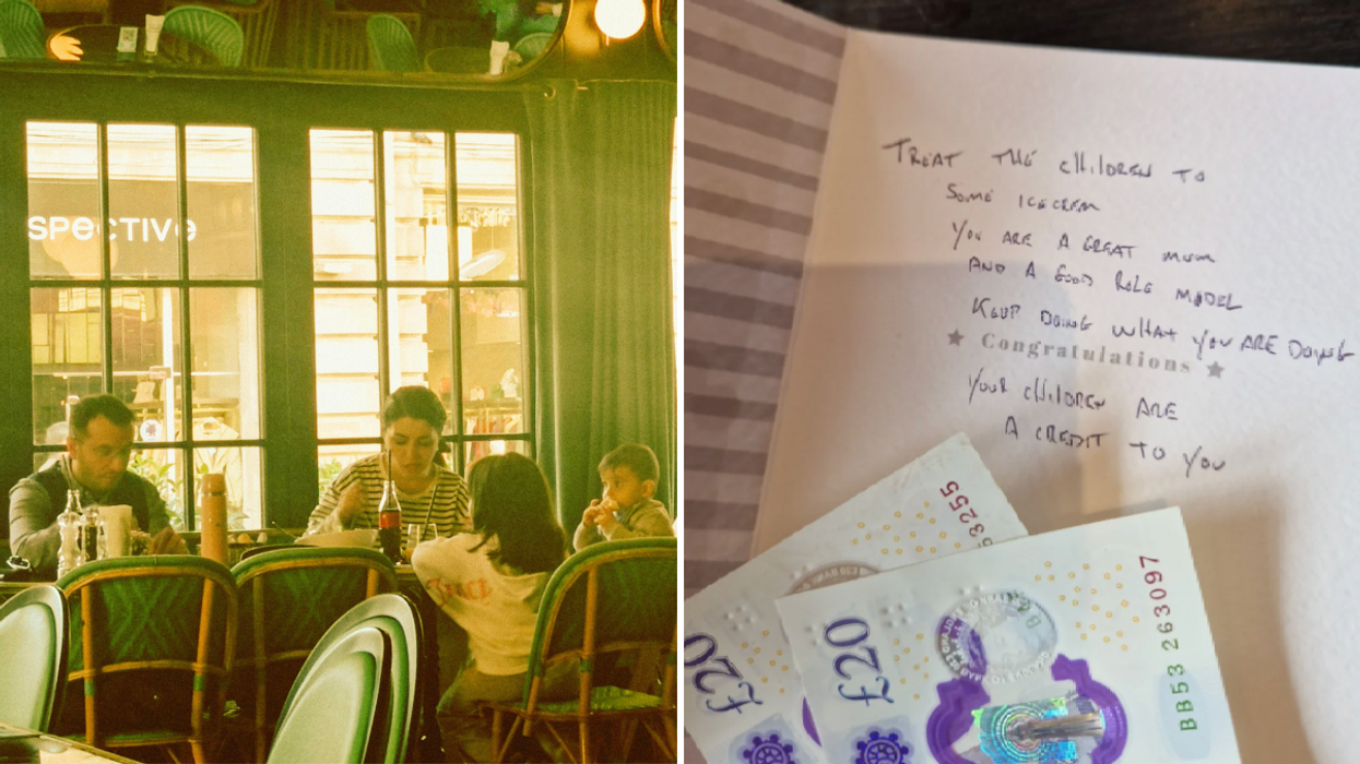 Family dining at a restaurant and a handwritten note with money.