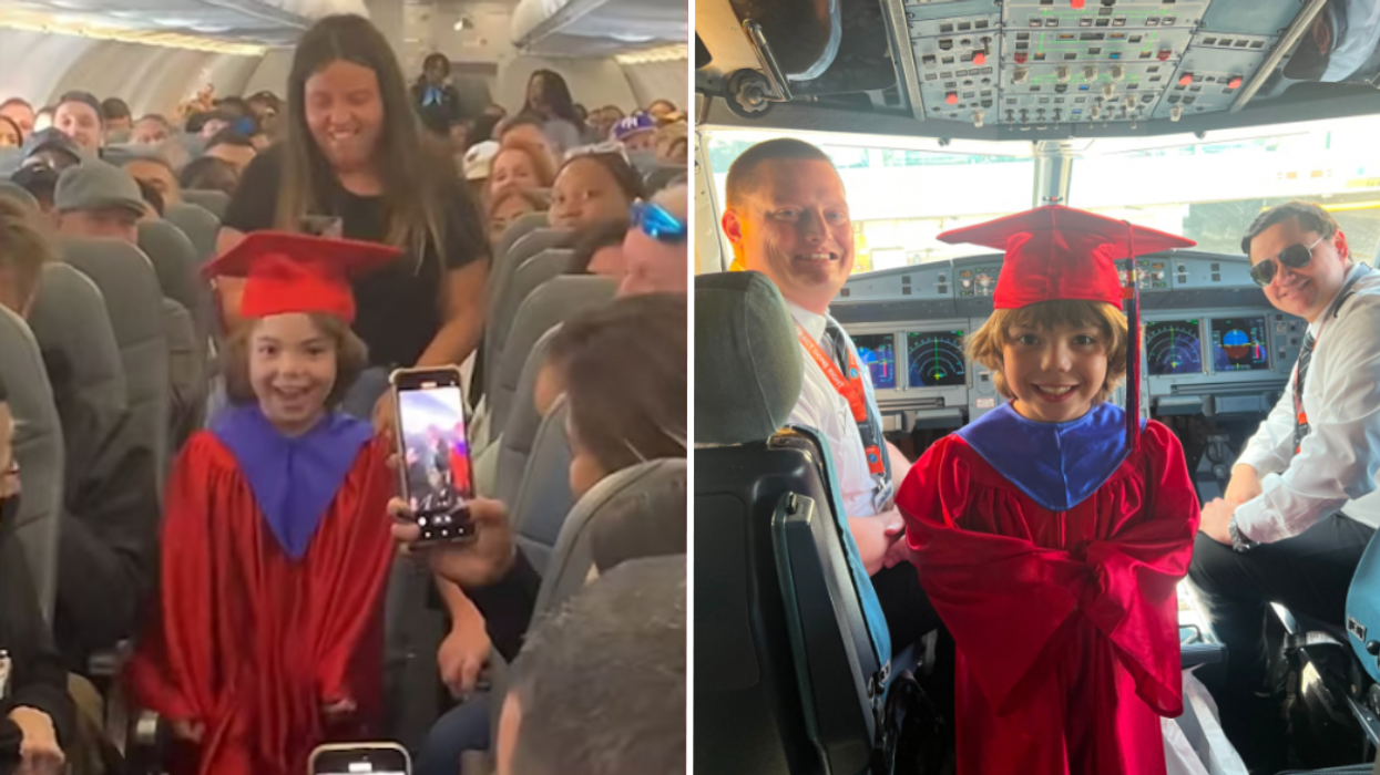 Little kid wearing graduation robes walking down the aisle of a flight and a little kid with two pilots.