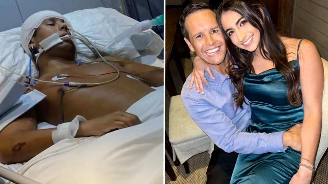 Man in a coma in the hospital and a woman hugging a man.