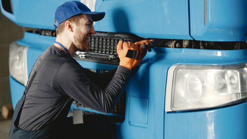 man working on a blue bus