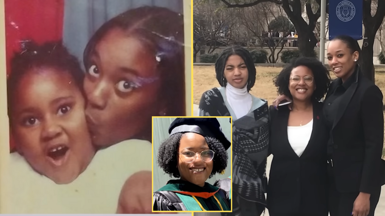 Mom and daughter in a photo booth, three women standing, and a young graduate (inset)