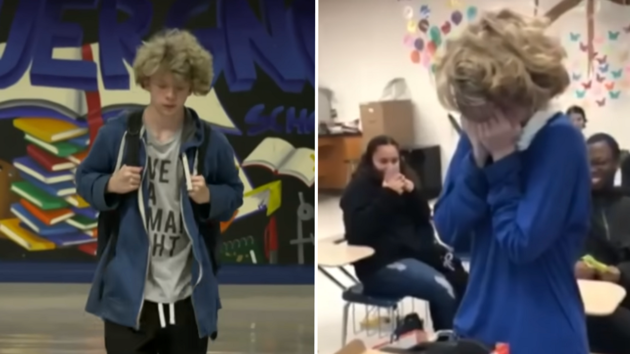 Teen walking in school hallway and a teen crying in a classroom