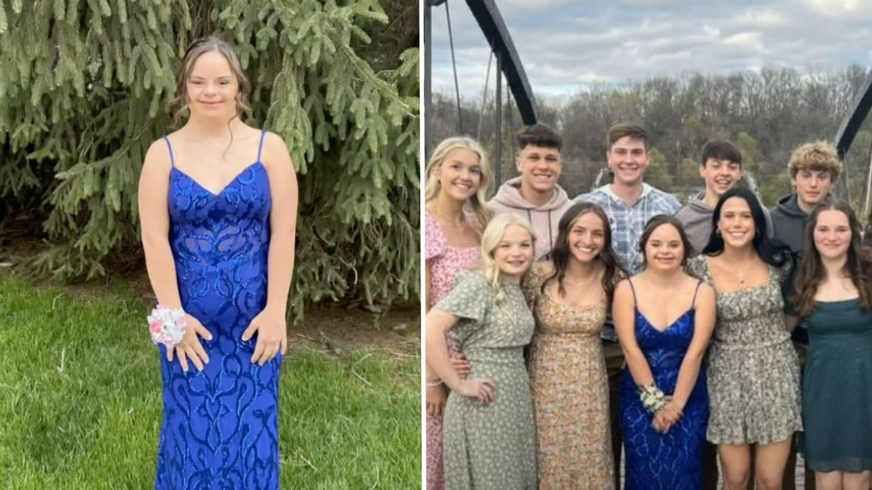 Teen with Down syndrome wearing a blue prom dress and a group of friends.