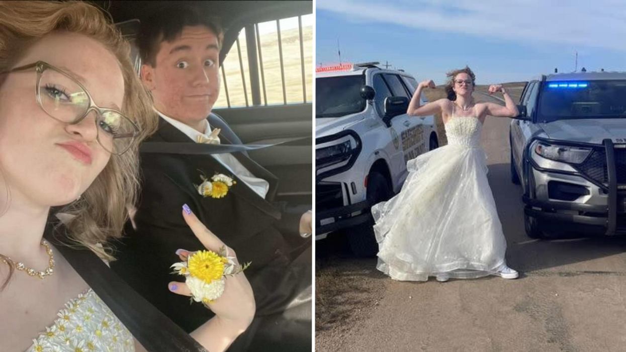Two teens in a police car and a teen in a prom dress posing in front of police cruisers
