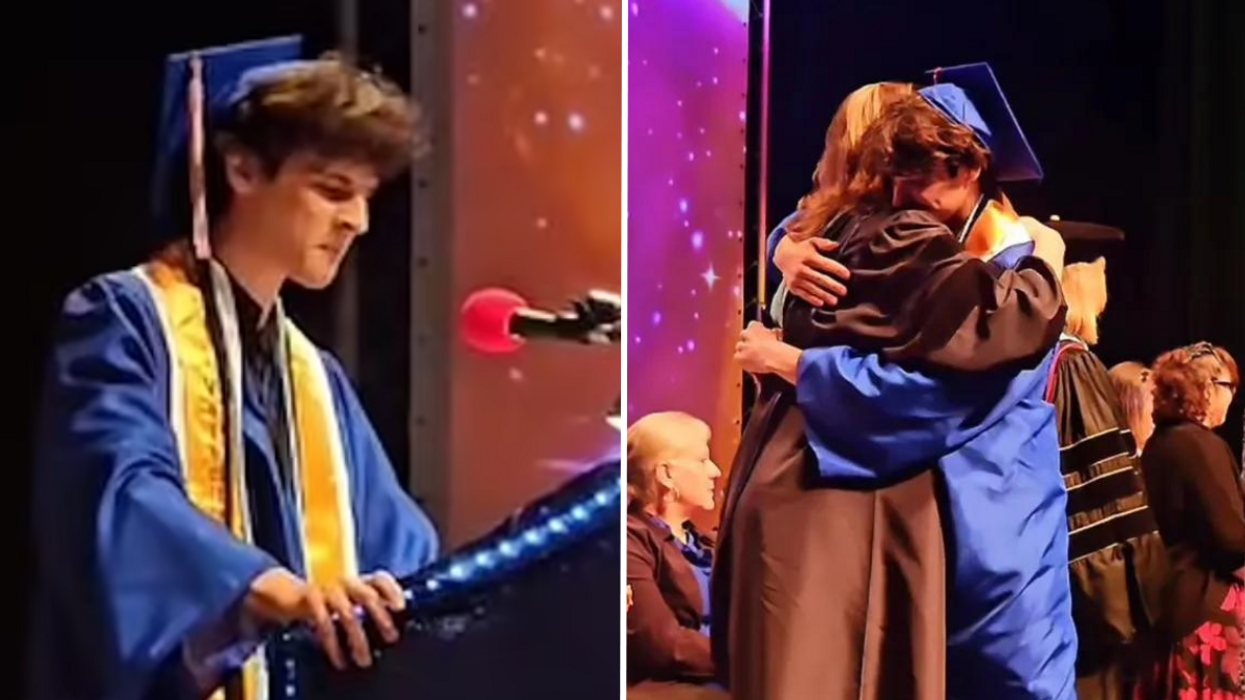 Valedictorian giving graduation speech and graduate hugging another person.