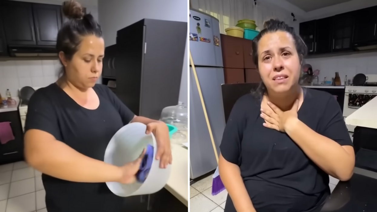 Woman cleaning utensils and a woman crying.
