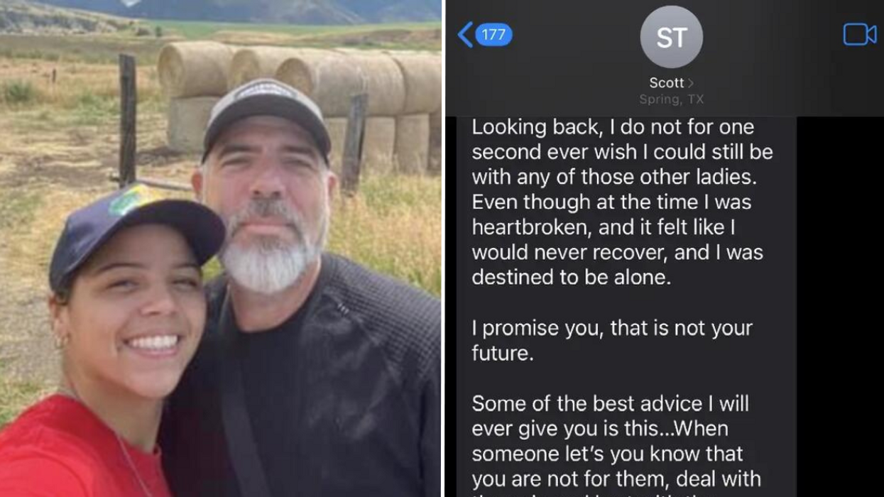 Woman taking a picture with her father outside and a screenshot of a father's text.